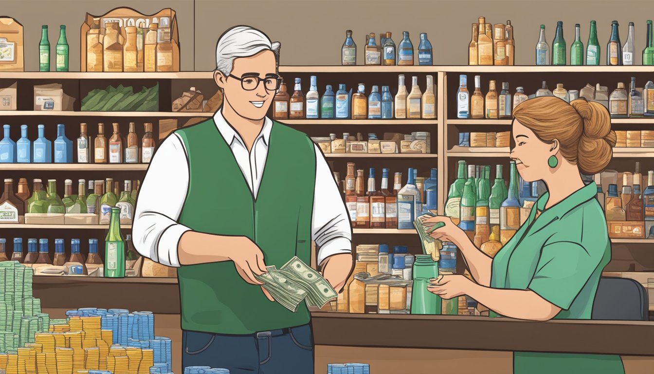 A person at a store counter, handing over money and receiving a bottle of alcohol from the cashier in Matagorda County, Texas