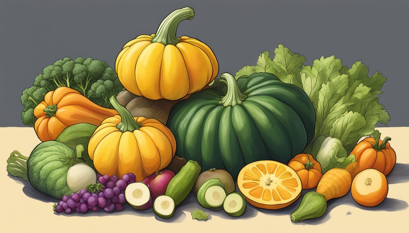 A vibrant crookneck squash surrounded by various fruits and vegetables, with a glowing halo indicating its health benefits