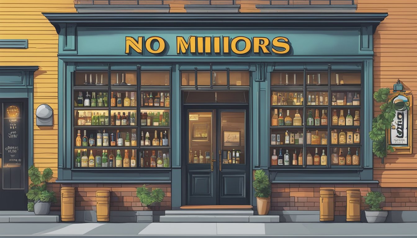 A bar with a "No Minors" sign displayed prominently, while a liquor store has a "No Alcohol Sales on Sundays" sign in the window