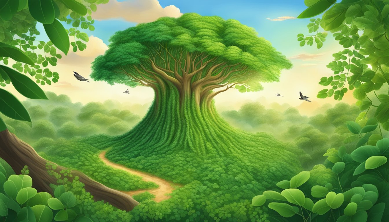 A lush moringa tree with vibrant green leaves, surrounded by a diverse ecosystem of plants and animals, symbolizing the environmental benefits of moringa