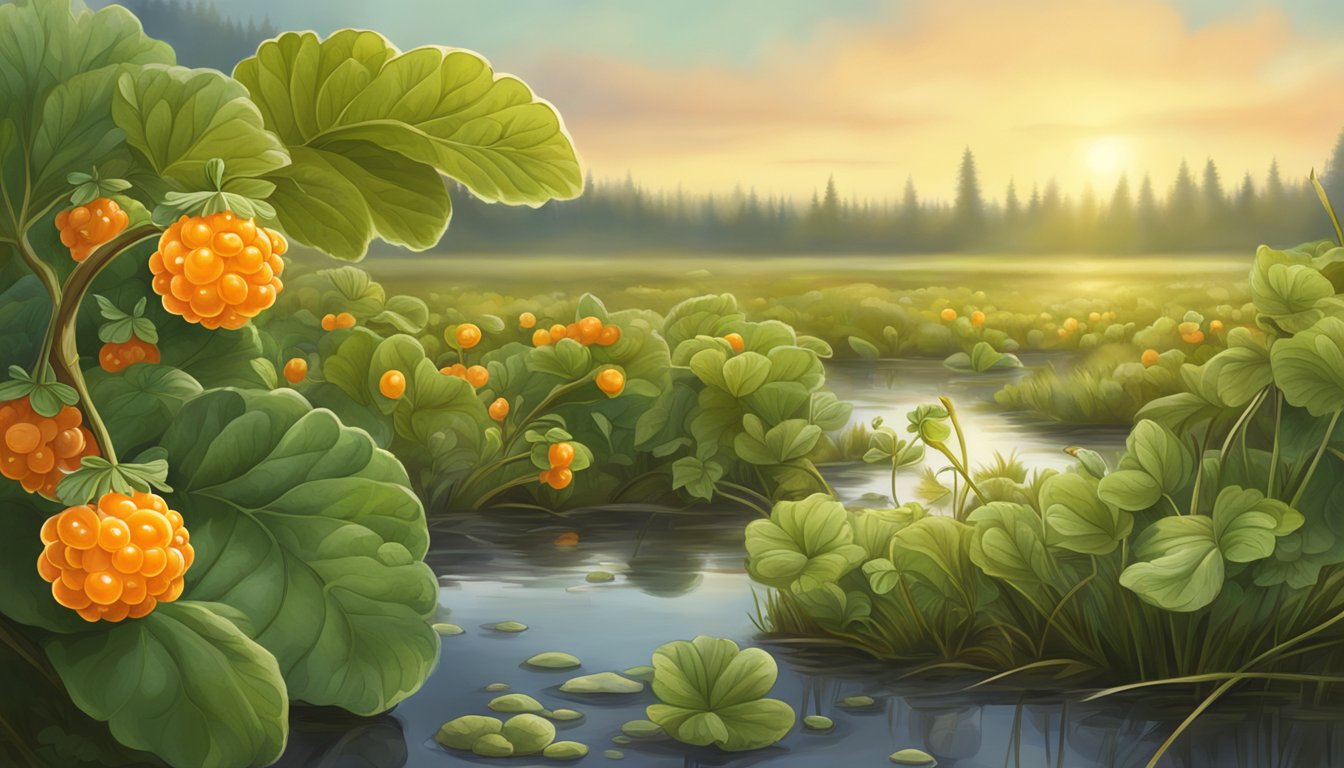 A cloudberry plant with ripe orange berries growing in a lush, green marshland