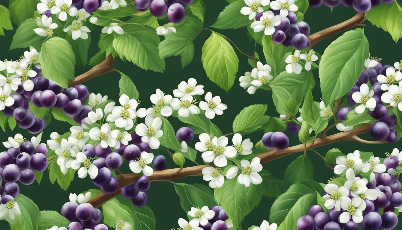 A lush chokecherry tree with clusters of dark purple berries, surrounded by vibrant green leaves and delicate white flowers