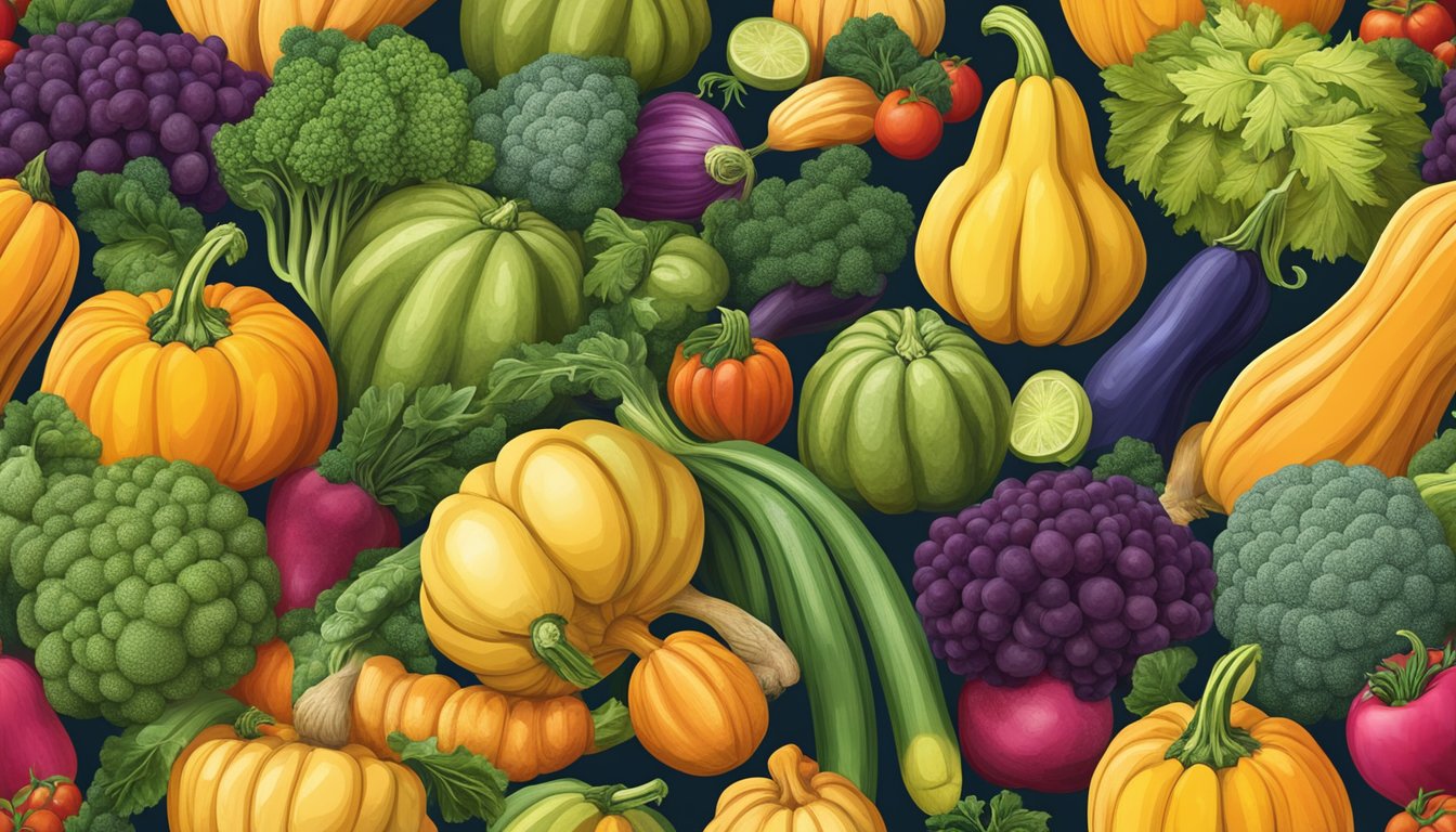 A vibrant crookneck squash surrounded by colorful vegetables and fruits, highlighting its role in a balanced diet and its nutritional benefits