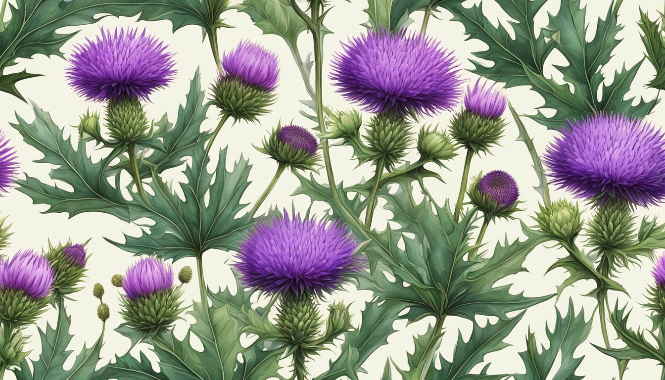 A lush field of milk thistle plants, with vibrant purple flowers and prickly leaves, surrounded by a diverse array of medicinal herbs and plants