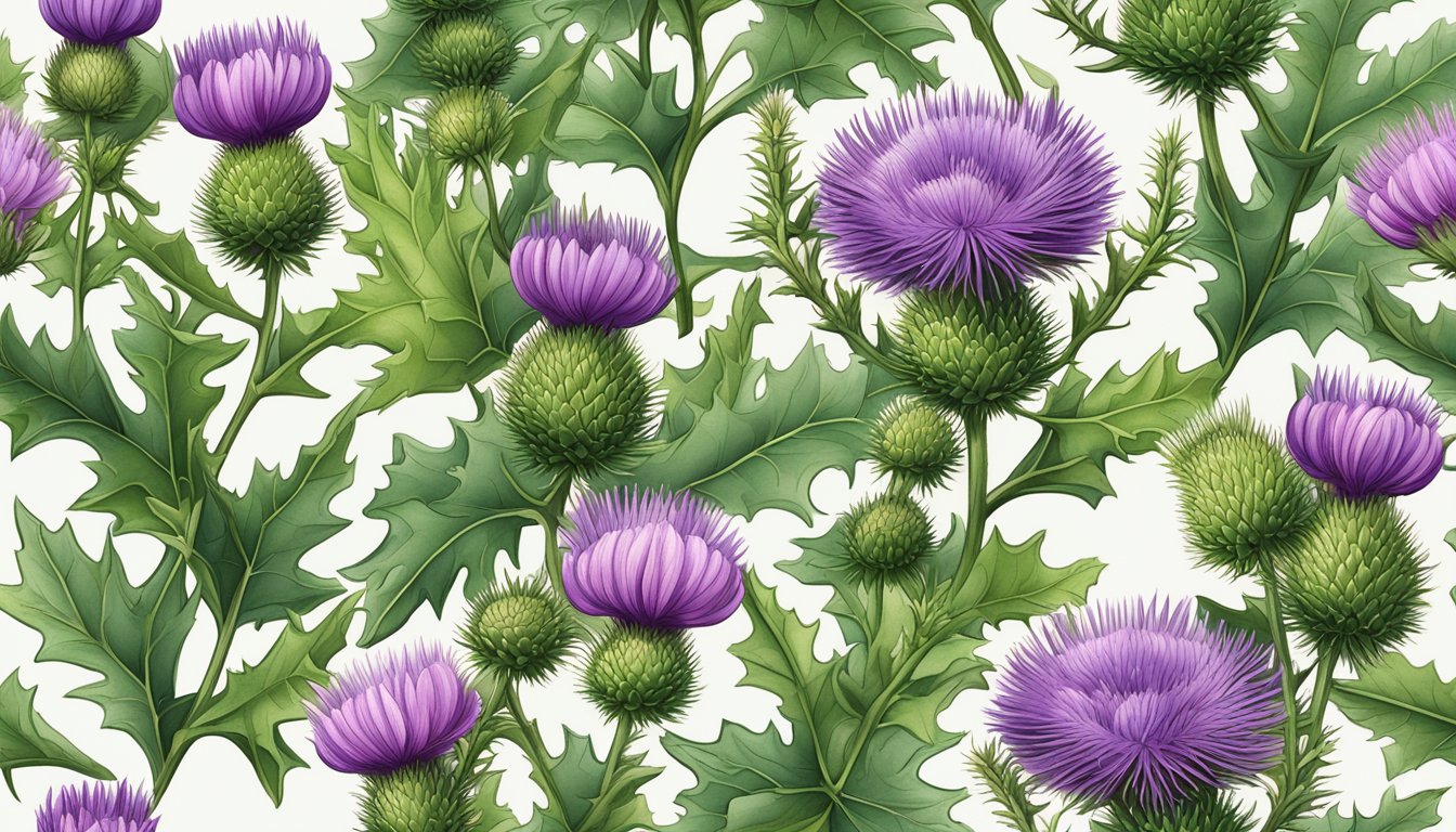 A close-up of milk thistle plants with vibrant green leaves and purple flowers, showcasing the seeds known for their potential health benefits on metabolic and cardiovascular health