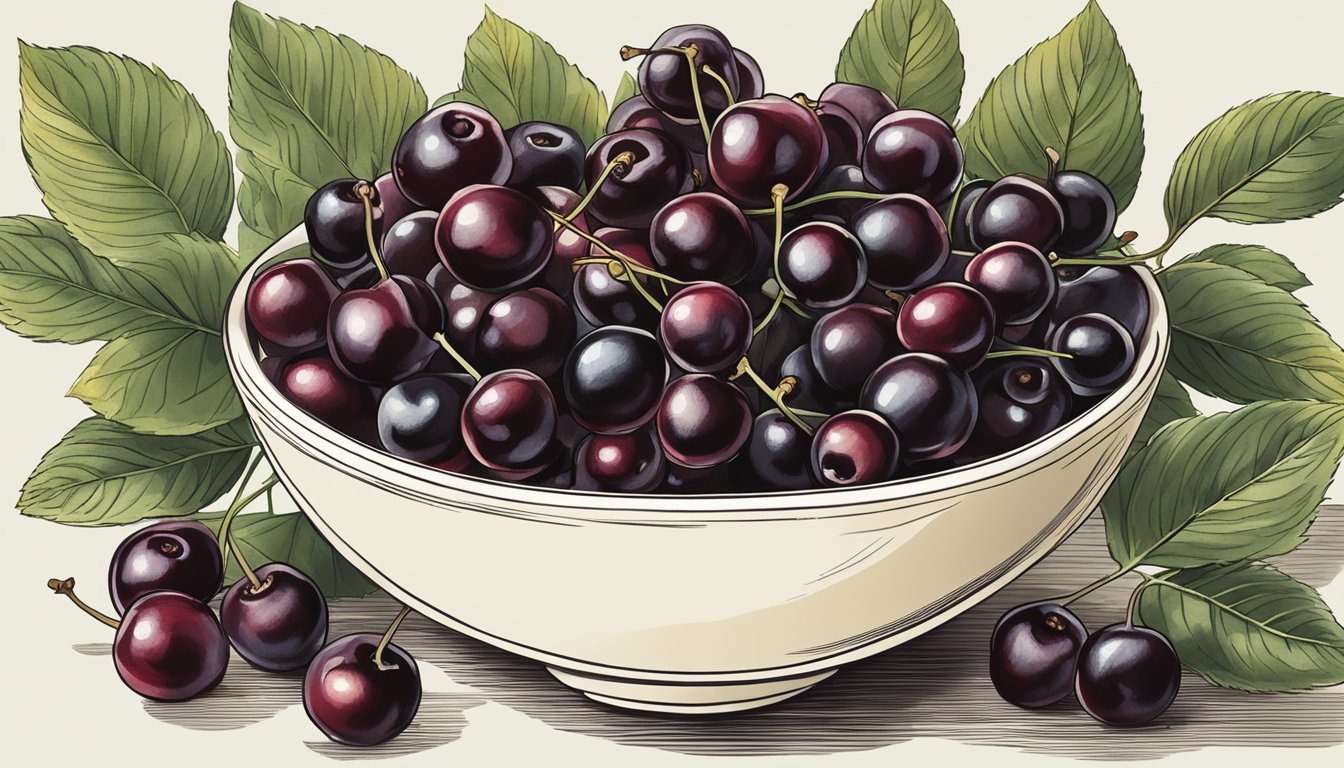 A bowl of ripe chokecherries surrounded by leaves and branches, with a subtle glow highlighting their deep red color