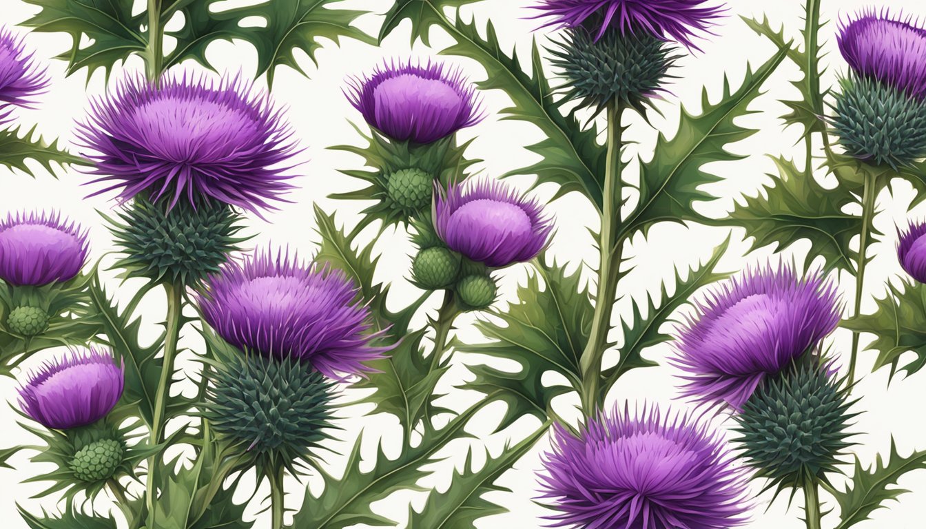 A vibrant field of milk thistle plants, with their distinctive purple flowers and spiky leaves, basking in the warm sunlight