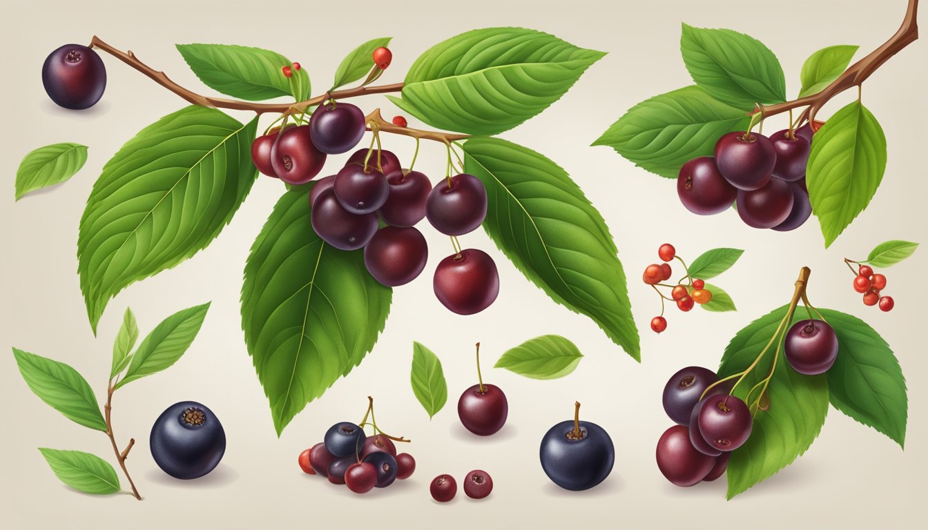 A ripe chokecherry branch with glossy leaves and clusters of dark red fruit, surrounded by warning signs for potential risks and precautions