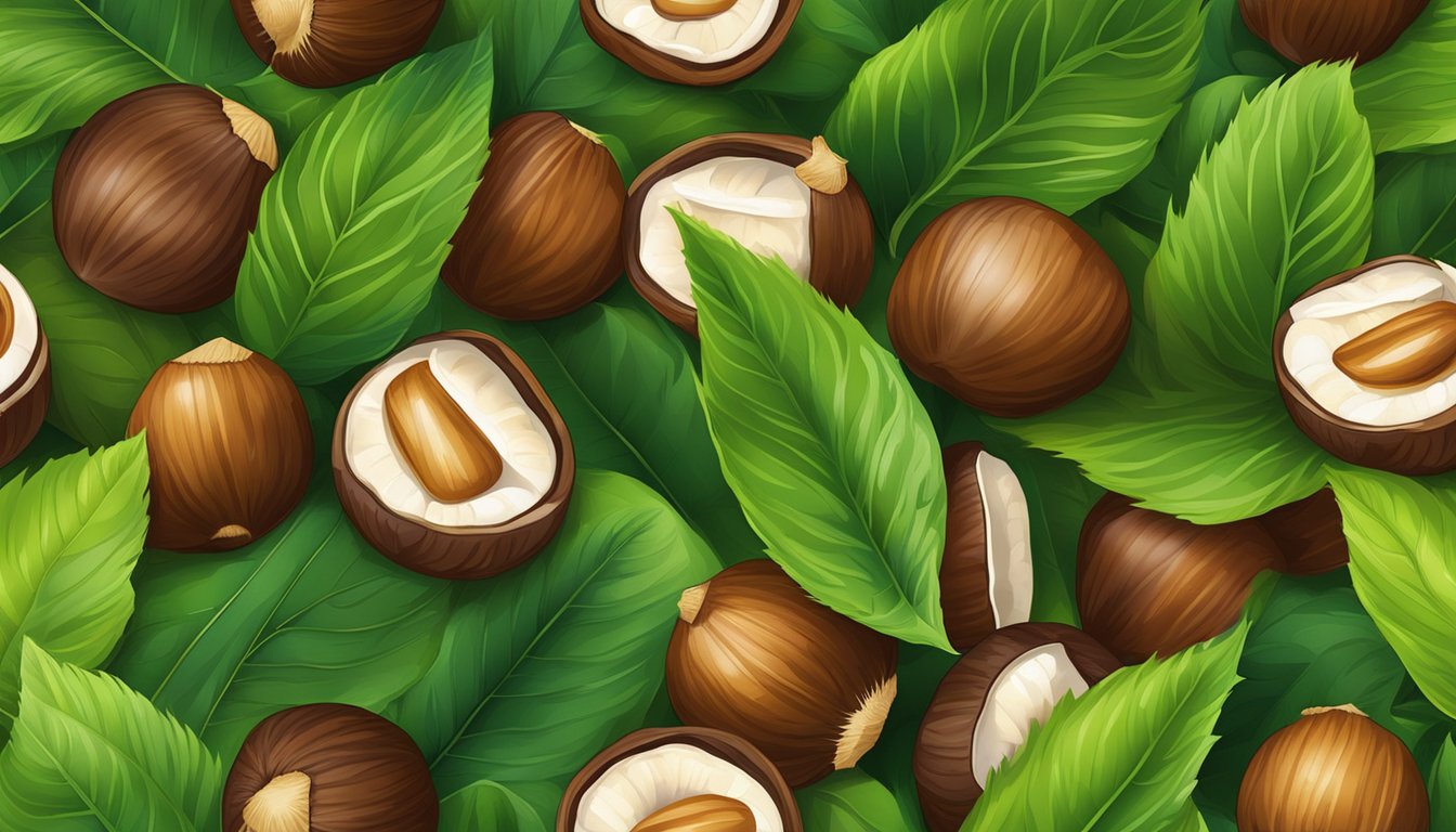 A bowl of roasted chestnuts surrounded by vibrant green leaves and a scattering of chestnut shells