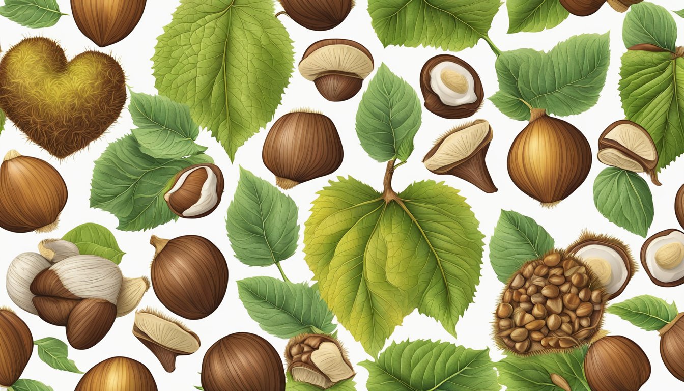 A variety of chestnuts displayed with their unique characteristics, surrounded by imagery of healthy attributes such as a heart or other health-related symbols