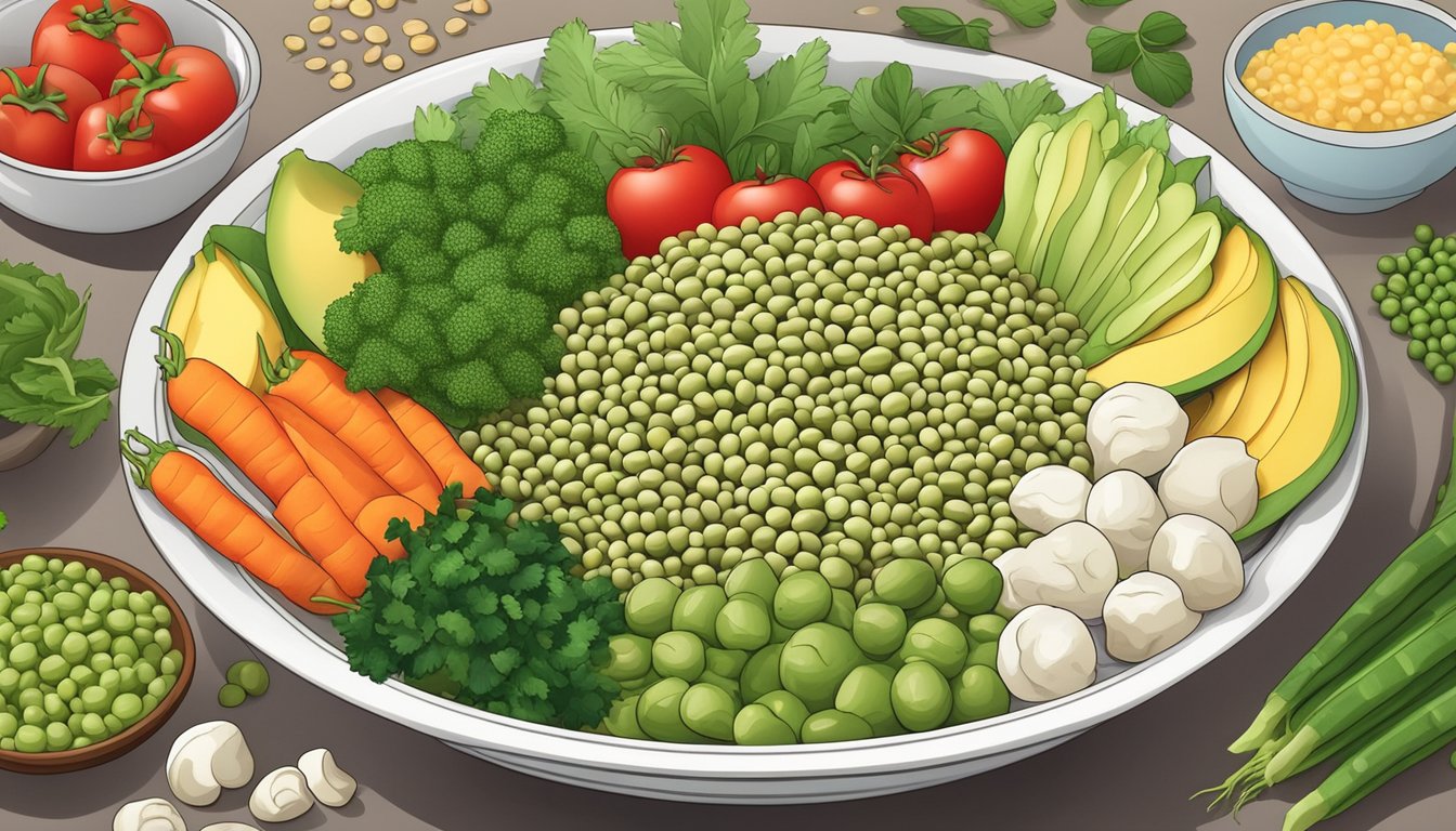 A bowl of cooked mung beans surrounded by various fresh vegetables and fruits, showcasing the versatility and health benefits of incorporating mung beans into one's diet