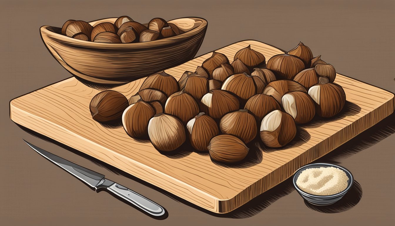 A wooden cutting board with a pile of fresh chestnuts, a sharp knife, and a bowl for storage