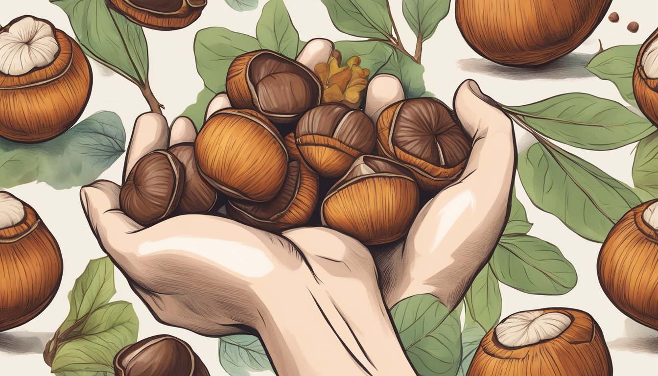 A person holding a handful of roasted chestnuts, with a steaming hot chestnut in the center. Surrounding the chestnuts are images of a healthy heart, lungs, and brain