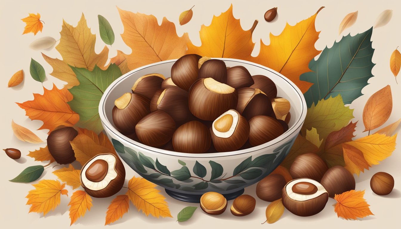 A bowl of roasted chestnuts surrounded by autumn leaves and a variety of cultural symbols from different countries