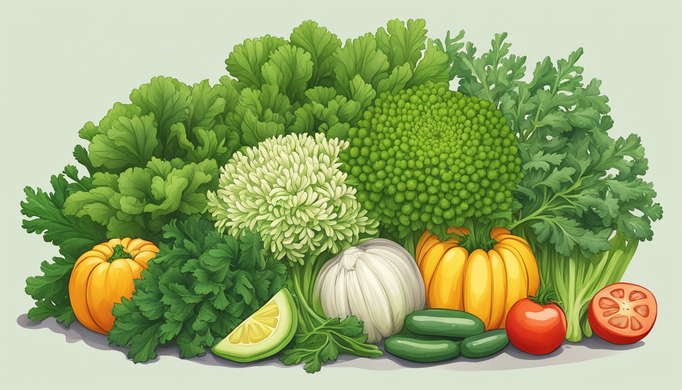 A vibrant bunch of chrysanthemum greens surrounded by other fresh vegetables, highlighting their nutritional value