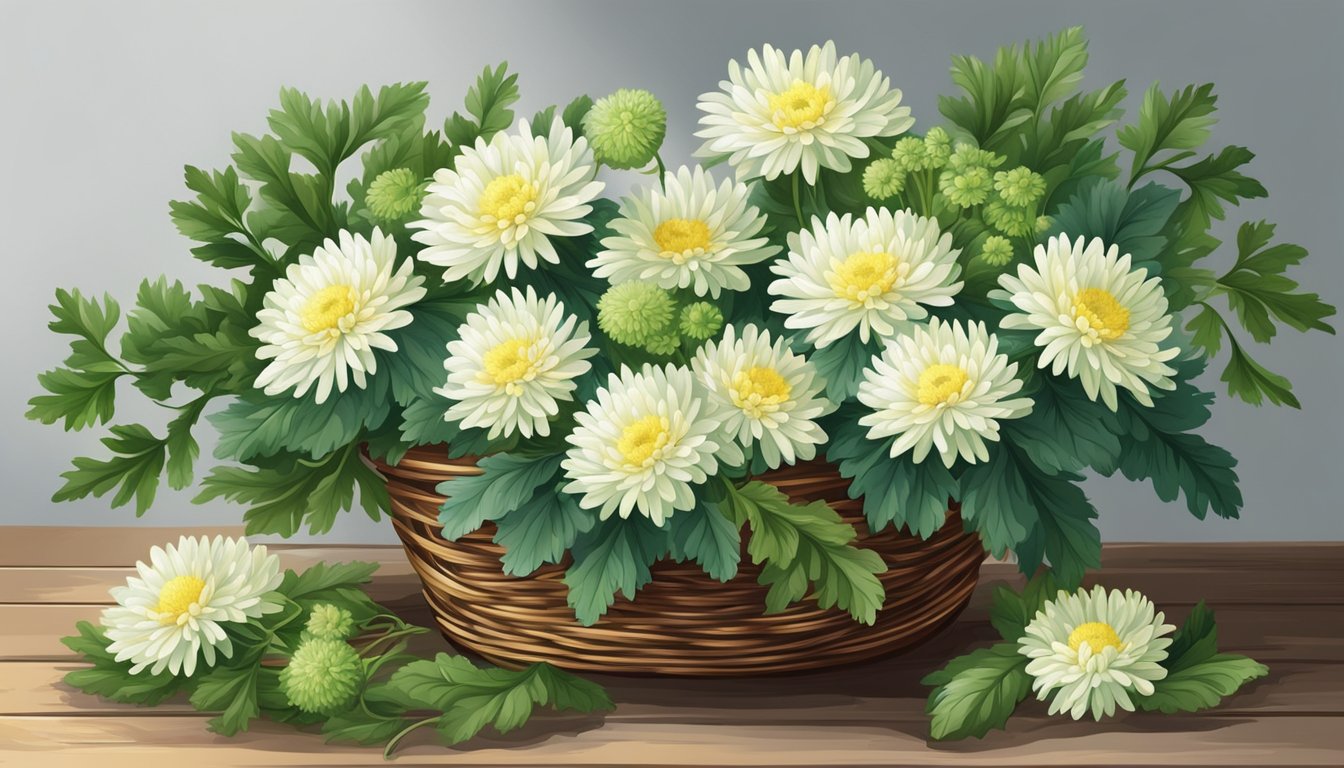 A vibrant bunch of chrysanthemum greens, with lush, dark green leaves and delicate white flowers, nestled in a rustic wicker basket