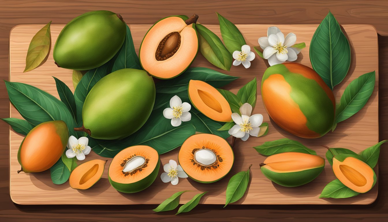 A colorful array of mamey sapote fruits, leaves, and blossoms arranged on a wooden cutting board