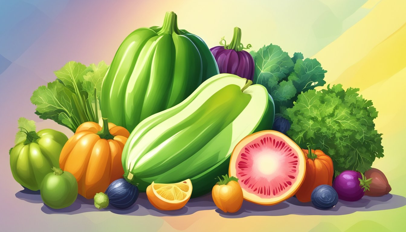 A colorful chayote squash surrounded by various fruits and vegetables, with a bright spotlight shining on it to emphasize its health benefits