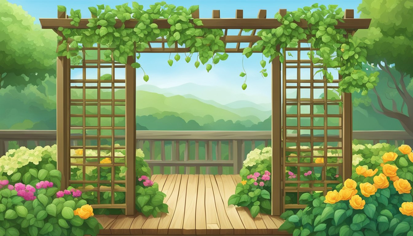 A serene garden with chayote vines winding around a wooden trellis, surrounded by lush greenery and colorful flowers