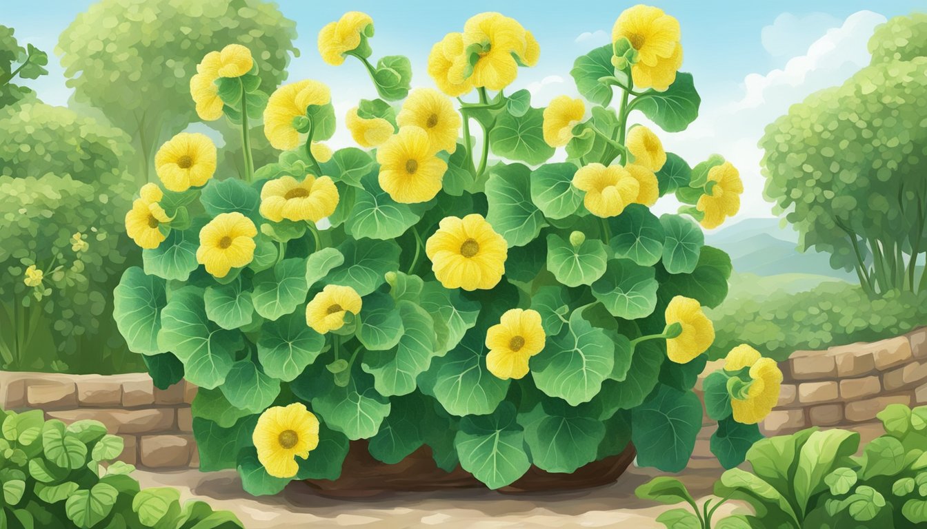 A luffa plant with vibrant green leaves and yellow flowers, growing in a sunny garden