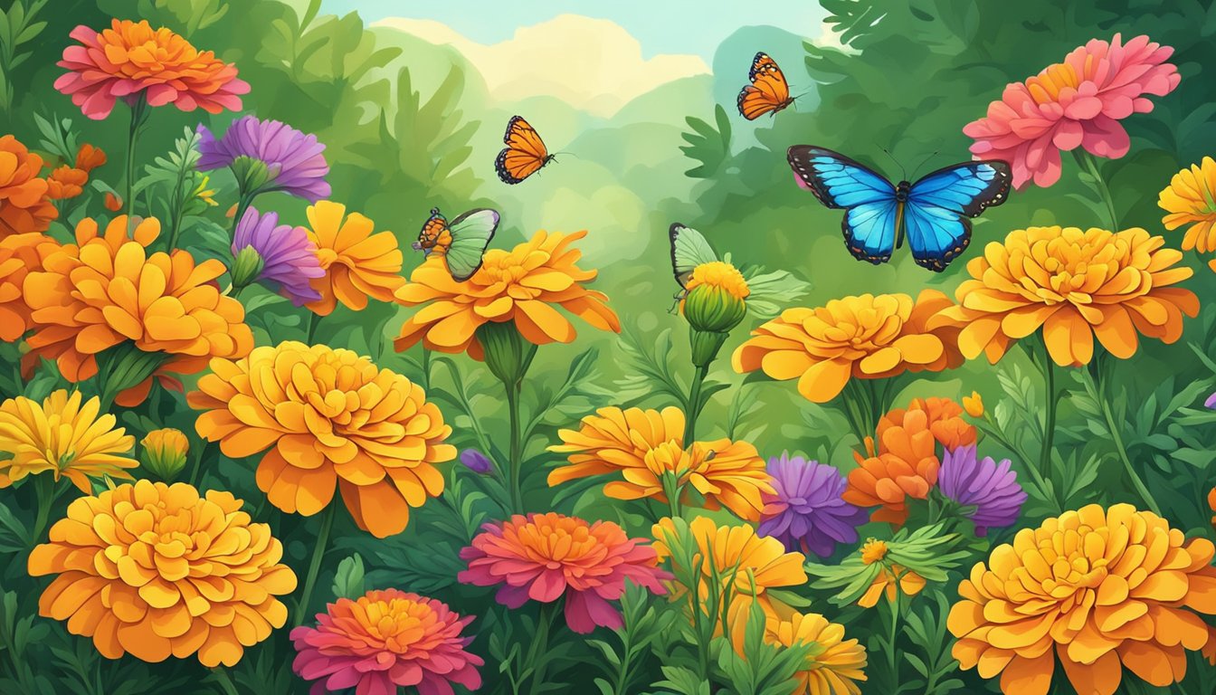 A vibrant marigold flower blooming in a lush garden, surrounded by other colorful flowers and green foliage. Bees and butterflies hover around, drawn to the bright petals