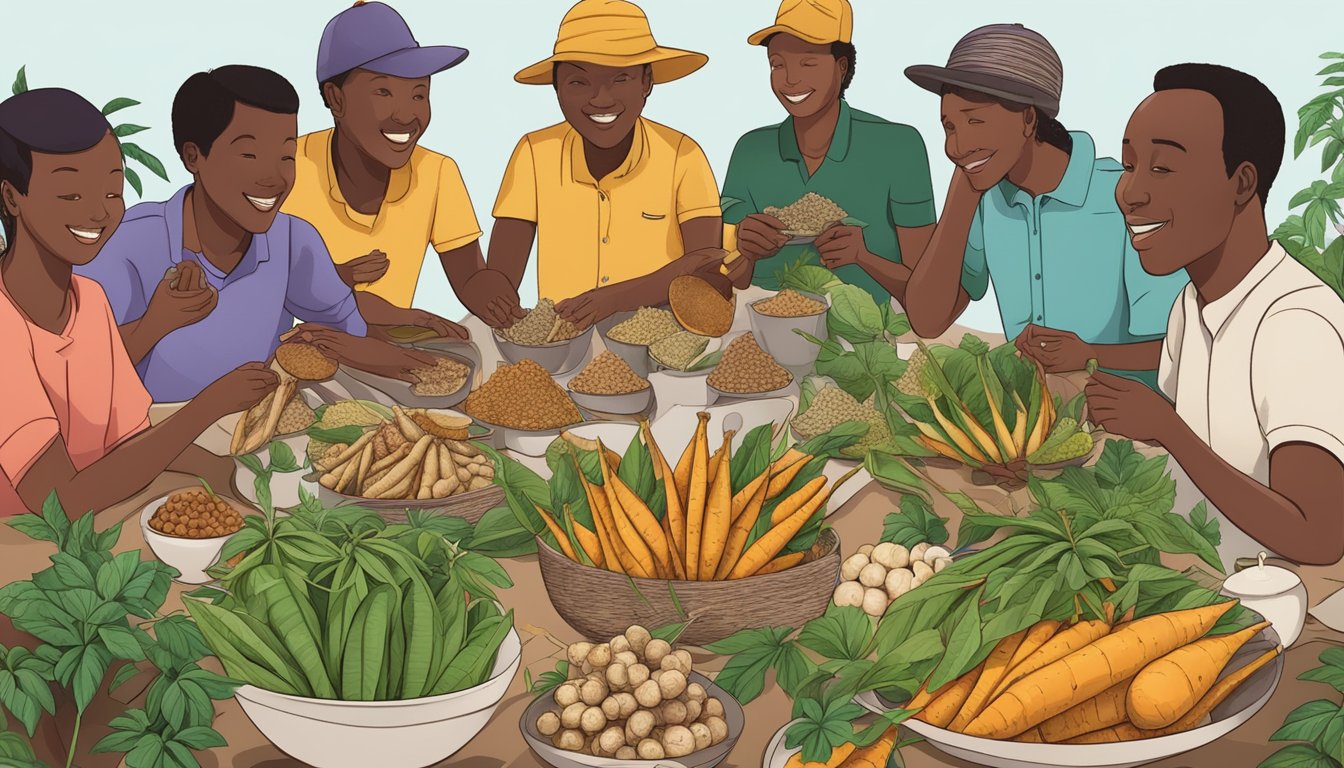 A colorful illustration of a variety of cassava plants and tubers, surrounded by images of healthy individuals enjoying cassava-based dishes