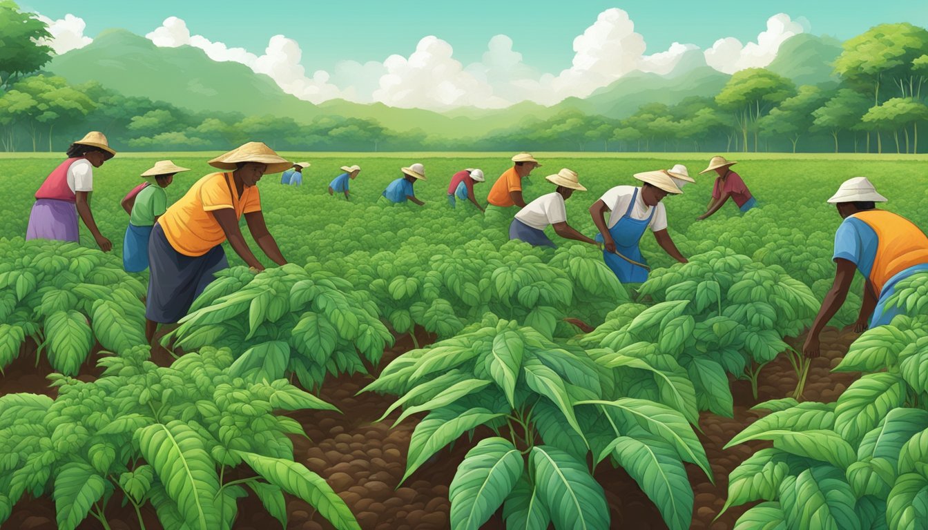 A lush field of cassava plants stretching across the horizon, with a diverse group of people harvesting and preparing the nutrient-rich root vegetable