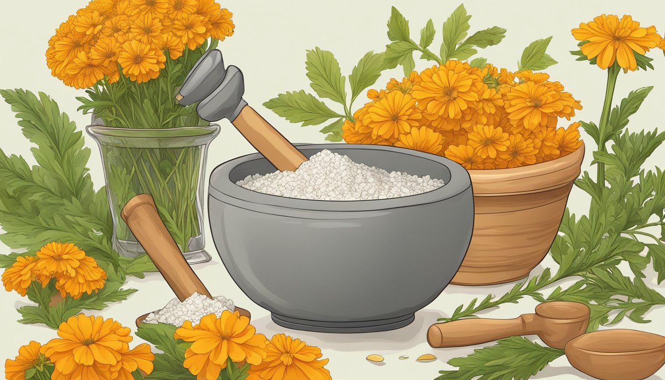 A mortar and pestle crush marigold flowers, while a small scale measures out precise dosages for herbal remedies