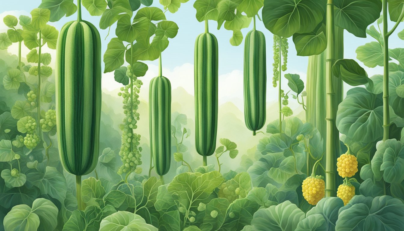 A luffa plant grows tall with vibrant green leaves and long, cylindrical fruits hanging from the vines. The fruits are covered in a textured, light green skin, and the plant is surrounded by a variety of other lush, green vegetation