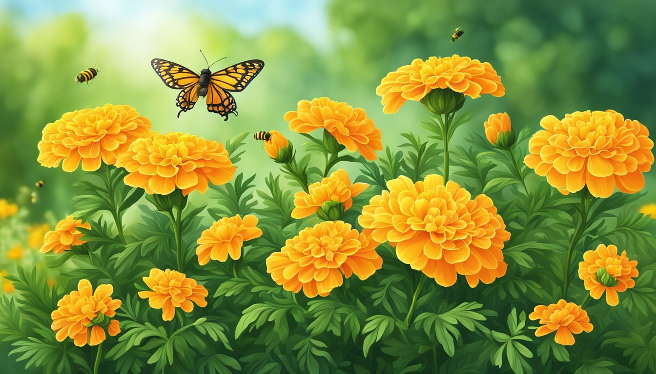 A vibrant marigold flower blooming in a sunny garden, surrounded by lush green leaves and attracting bees and butterflies with its bright color and sweet fragrance