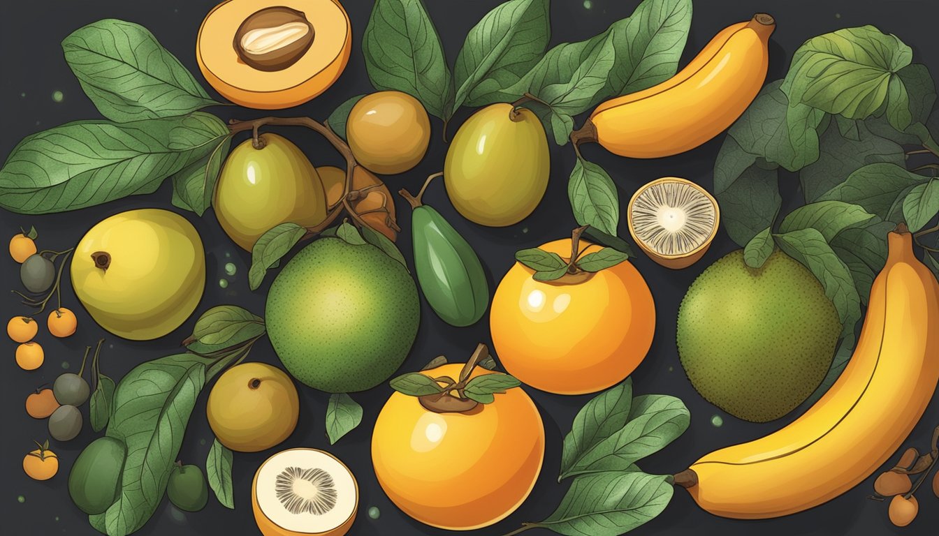 A colorful illustration of a loquat fruit surrounded by other fresh fruits and vegetables, with a glowing halo to represent its health benefits