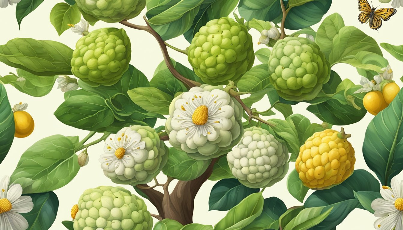 A vibrant cherimoya tree with lush green leaves and ripe, creamy fruits hanging from its branches. Bees and butterflies flutter around the tree, pollinating the flowers