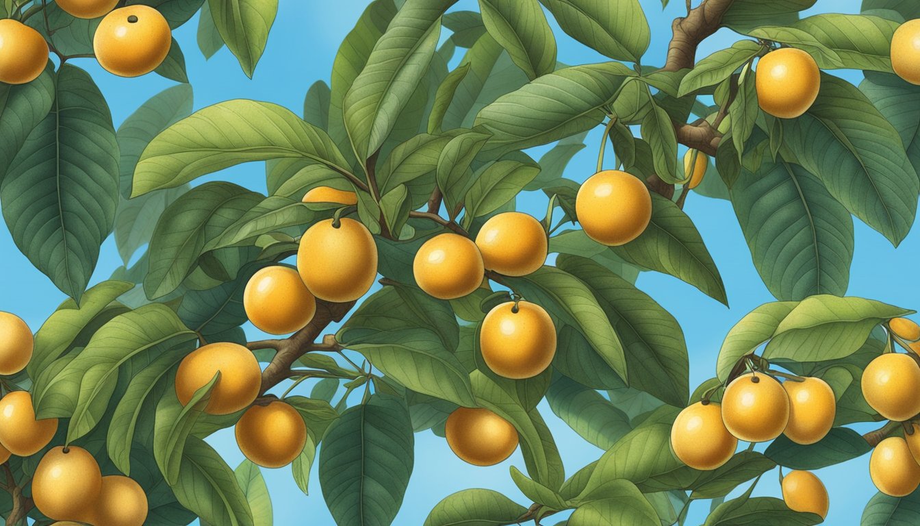 A loquat tree with ripe fruit, surrounded by lush green foliage and a clear blue sky, showcasing the natural beauty and potential health benefits of the fruit