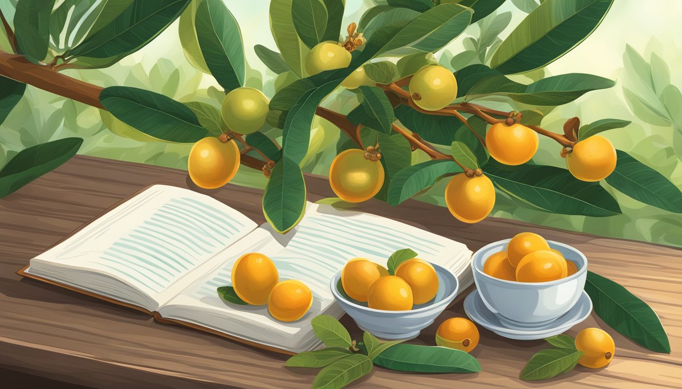 A loquat tree with ripe fruit hanging from the branches, surrounded by vibrant green leaves. A bowl of sliced loquats and a recipe book sit on a wooden table nearby