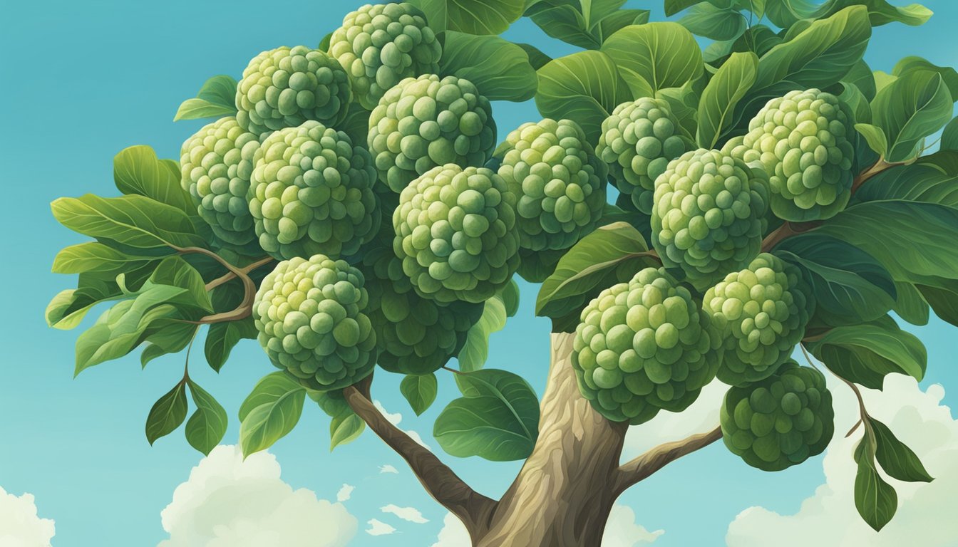 A lush cherimoya tree with ripe fruit hanging from its branches, surrounded by vibrant green leaves and a clear blue sky in the background