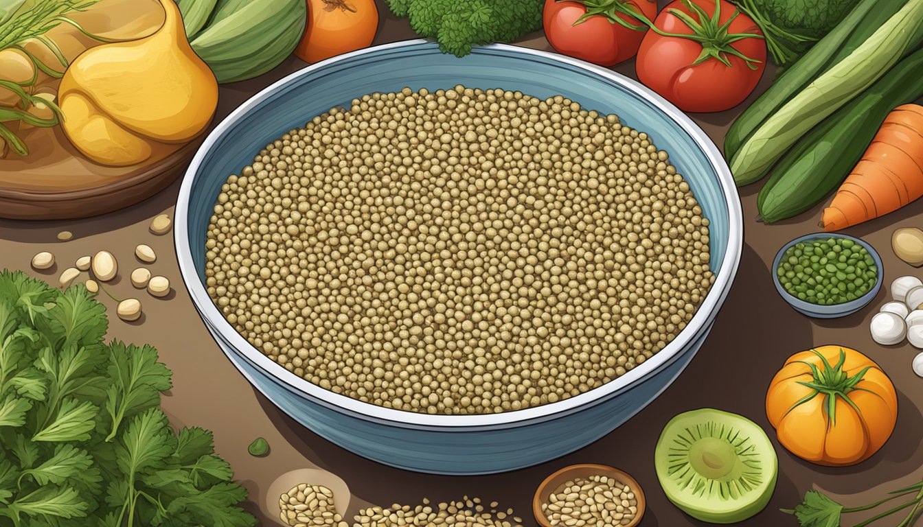 A bowl filled with camelina seeds surrounded by various fruits and vegetables, with a glass of water on the side