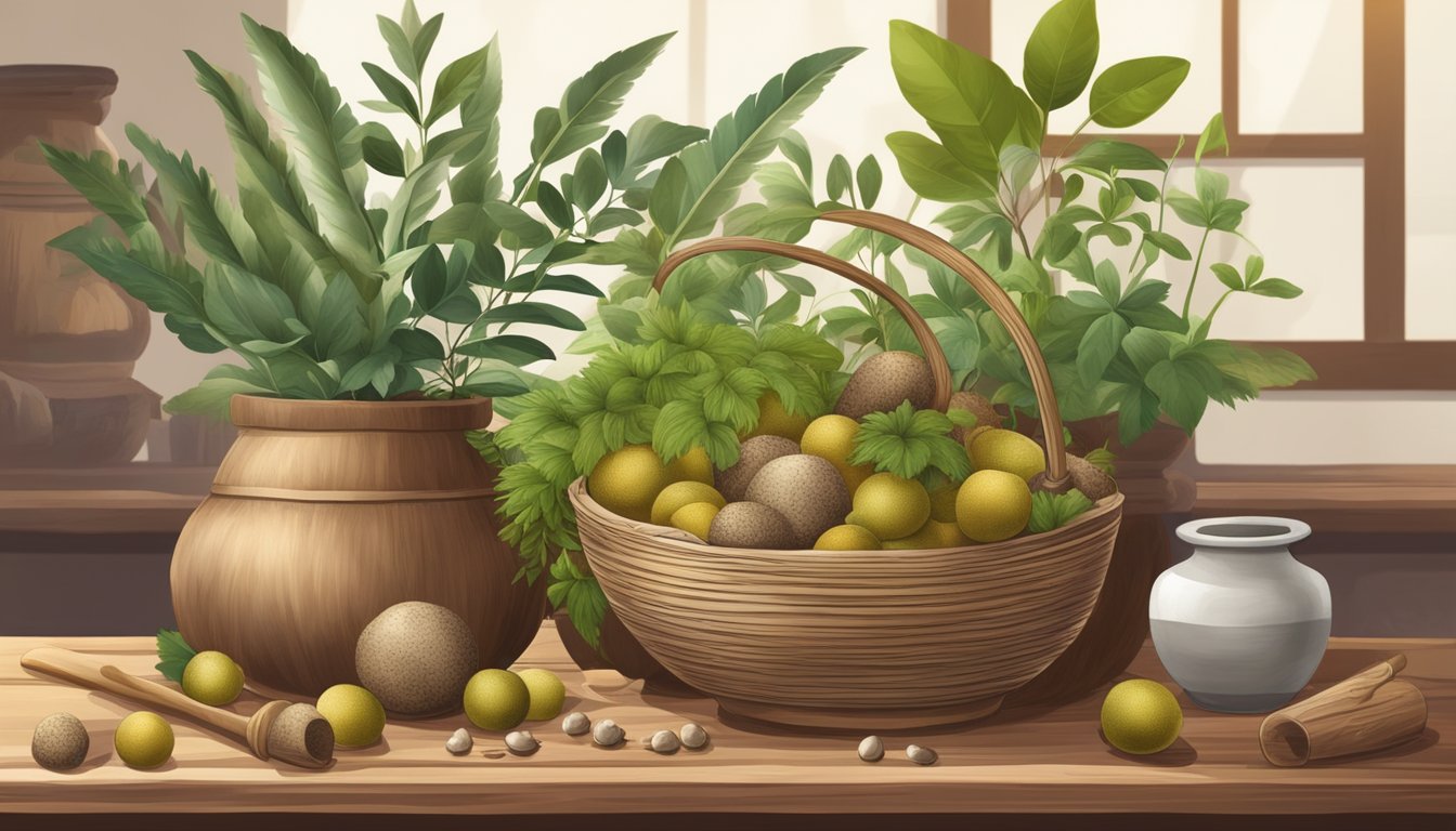 A traditional medicine practitioner holding a basket of longan fruit, surrounded by various herbs and plants, with a mortar and pestle on a wooden table