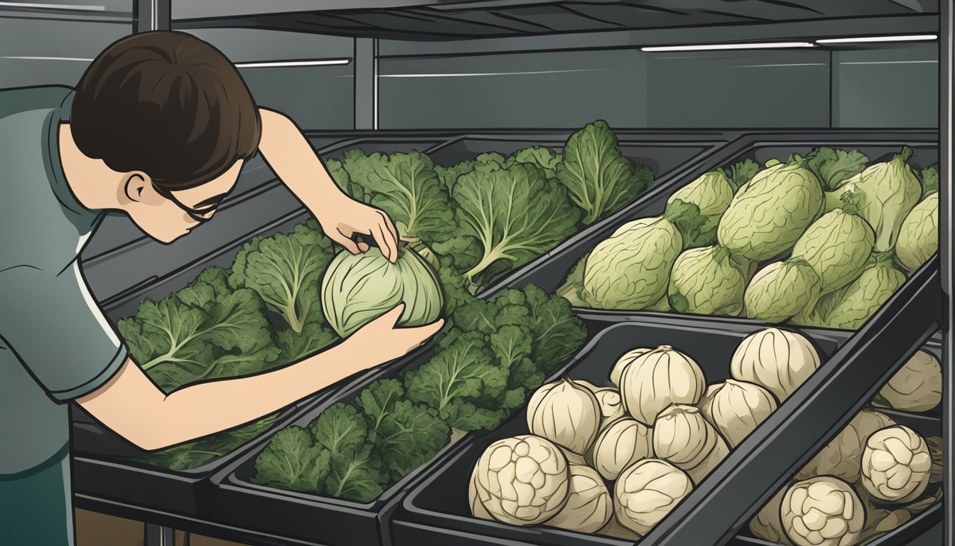 A person selecting and storing celeriac. The vegetable is shown being carefully chosen and placed in a cool, dark storage area