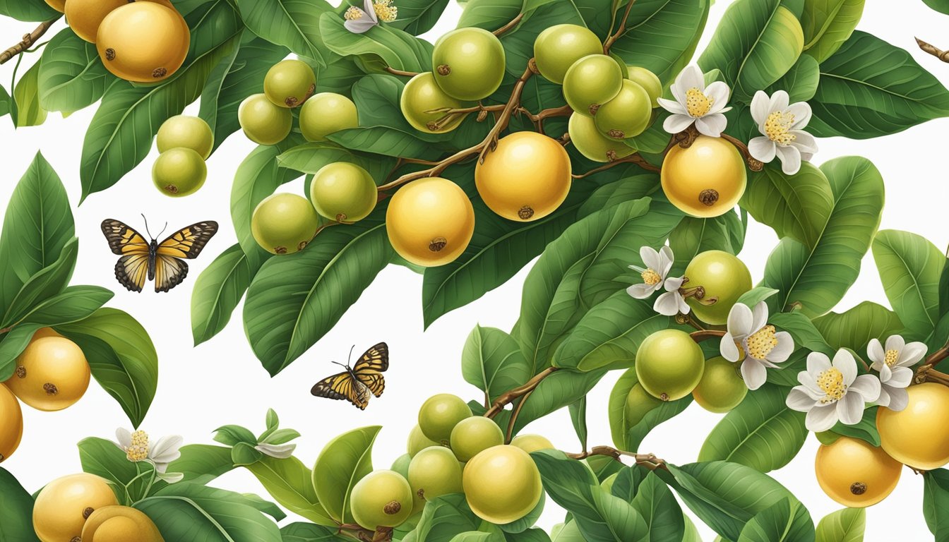 A vibrant longan fruit tree surrounded by lush green foliage, with ripe fruits hanging from the branches. Bees and butterflies hover around the flowers, showcasing the natural beauty and potential health benefits of longan fruit