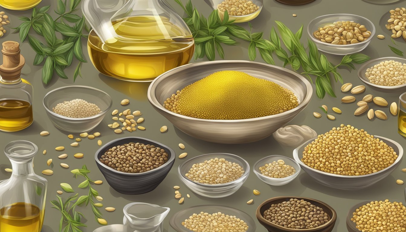 A close-up of camelina seeds and oil next to various other seeds and oils, with a spotlight highlighting their health benefits