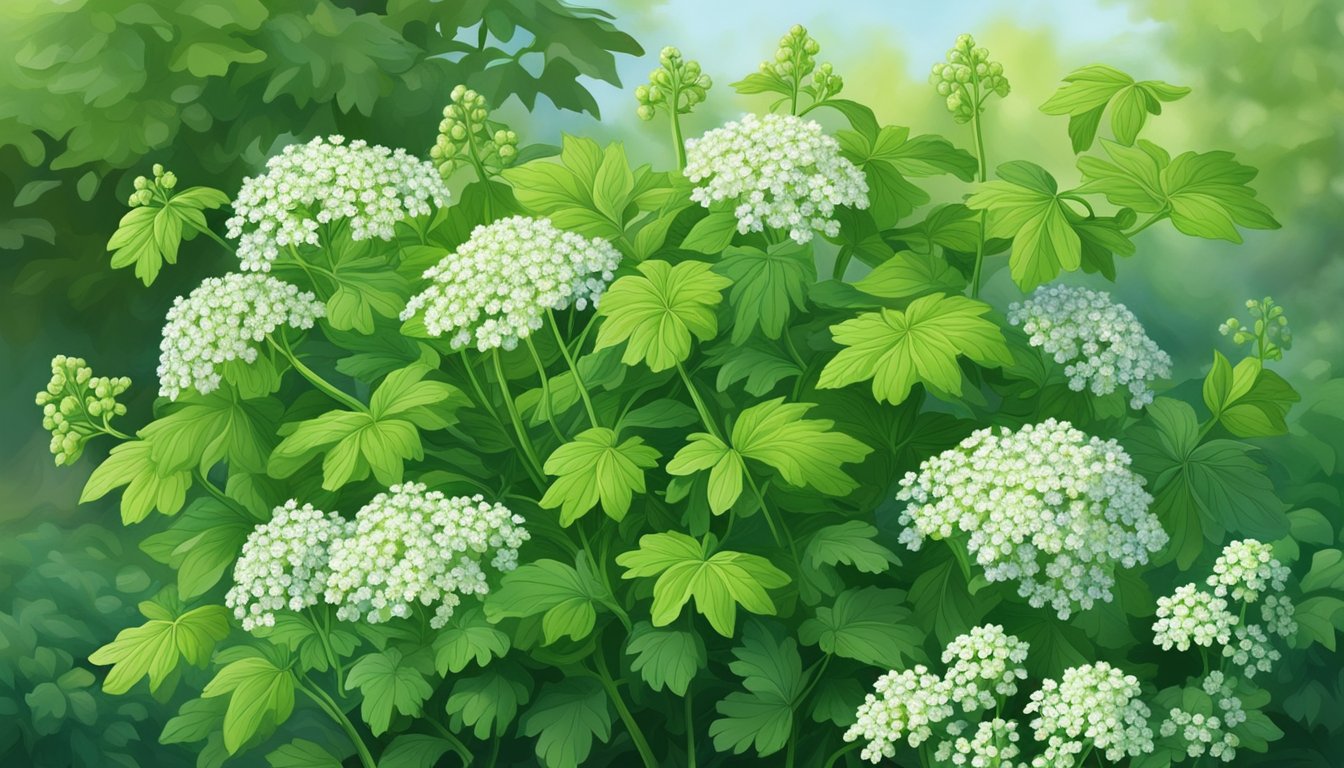 A lush lovage plant with vibrant green leaves and small clusters of white flowers, set against a backdrop of other herbs and vegetables in a garden