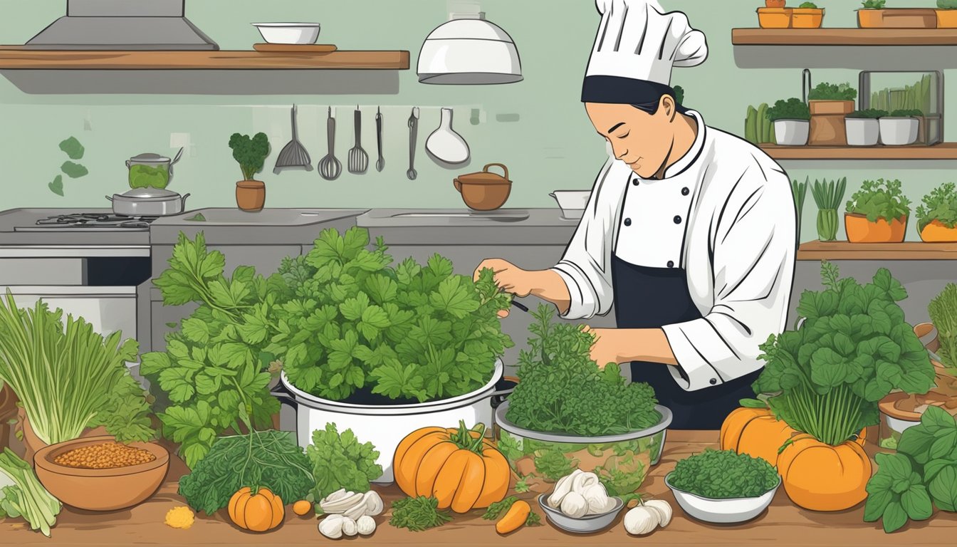 A chef adding fresh lovage leaves to a pot of soup, surrounded by various herbs and vegetables