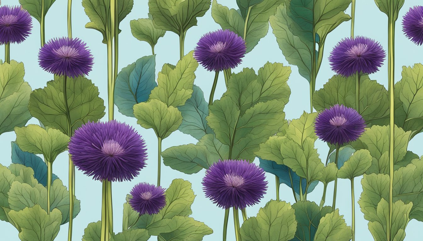 A vibrant burdock plant with large, heart-shaped leaves and deep purple flowers, surrounded by smaller plants and a clear blue sky