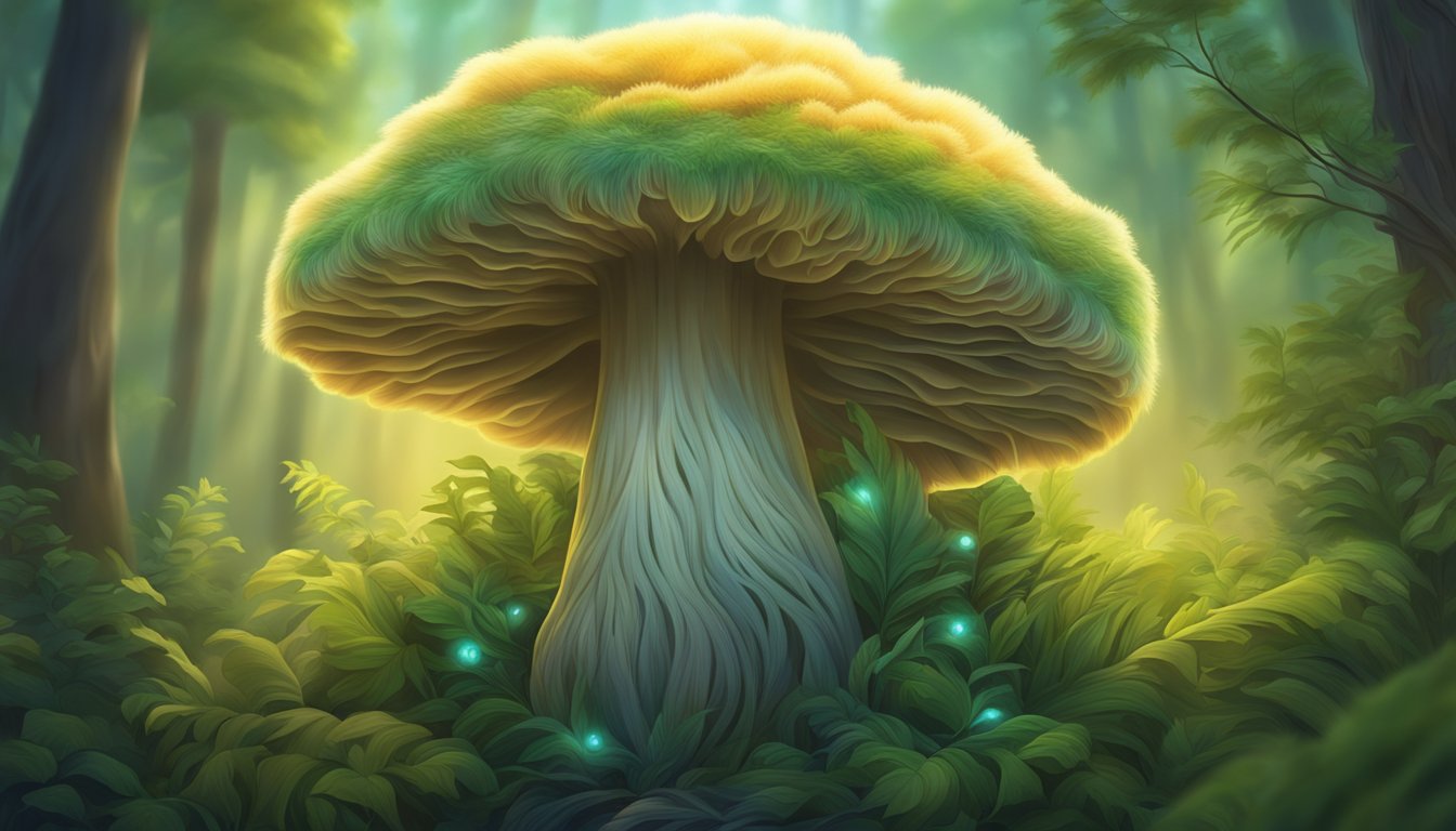 A lion's mane mushroom surrounded by a glowing aura, with a backdrop of lush greenery and a sense of tranquility