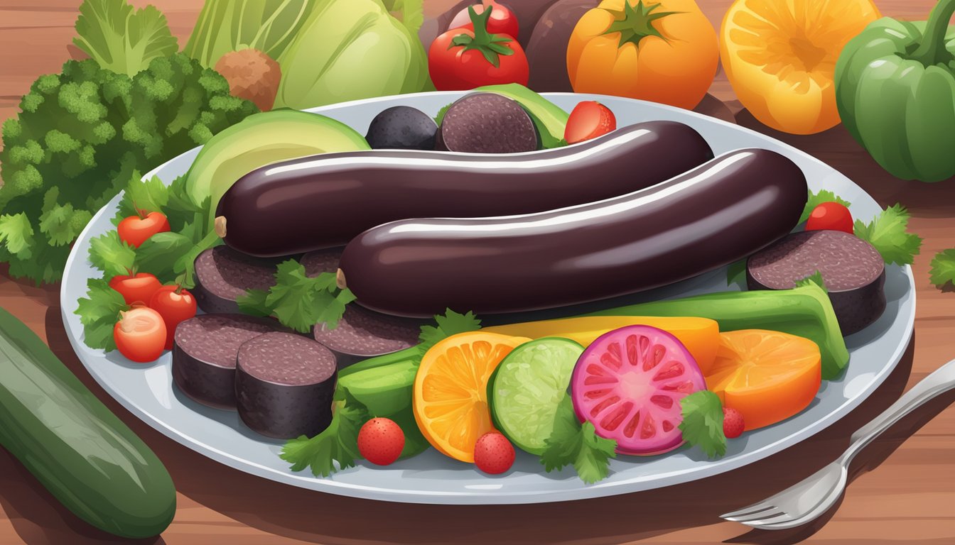 A plate of blood sausage surrounded by colorful vegetables and fruits, with a nutrition label displayed next to it