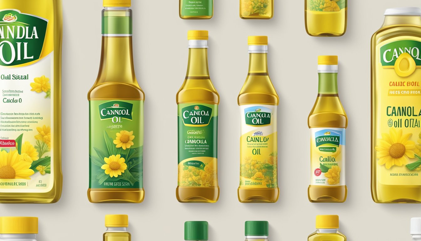 A bottle of canola oil stands tall next to various other edible oils, showcasing its health benefits through a bright and vibrant label