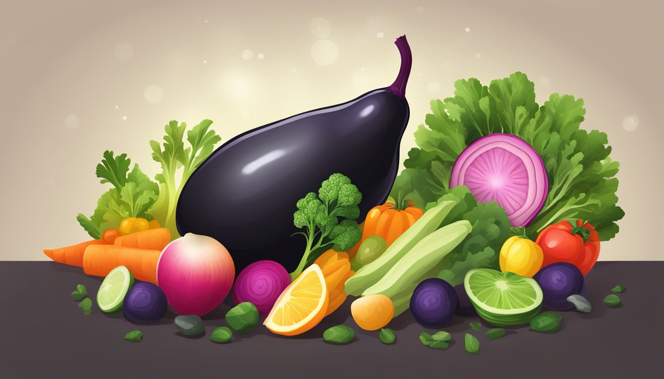 A vibrant black radish surrounded by colorful vegetables and fruits, with a beam of light highlighting its nutritional benefits