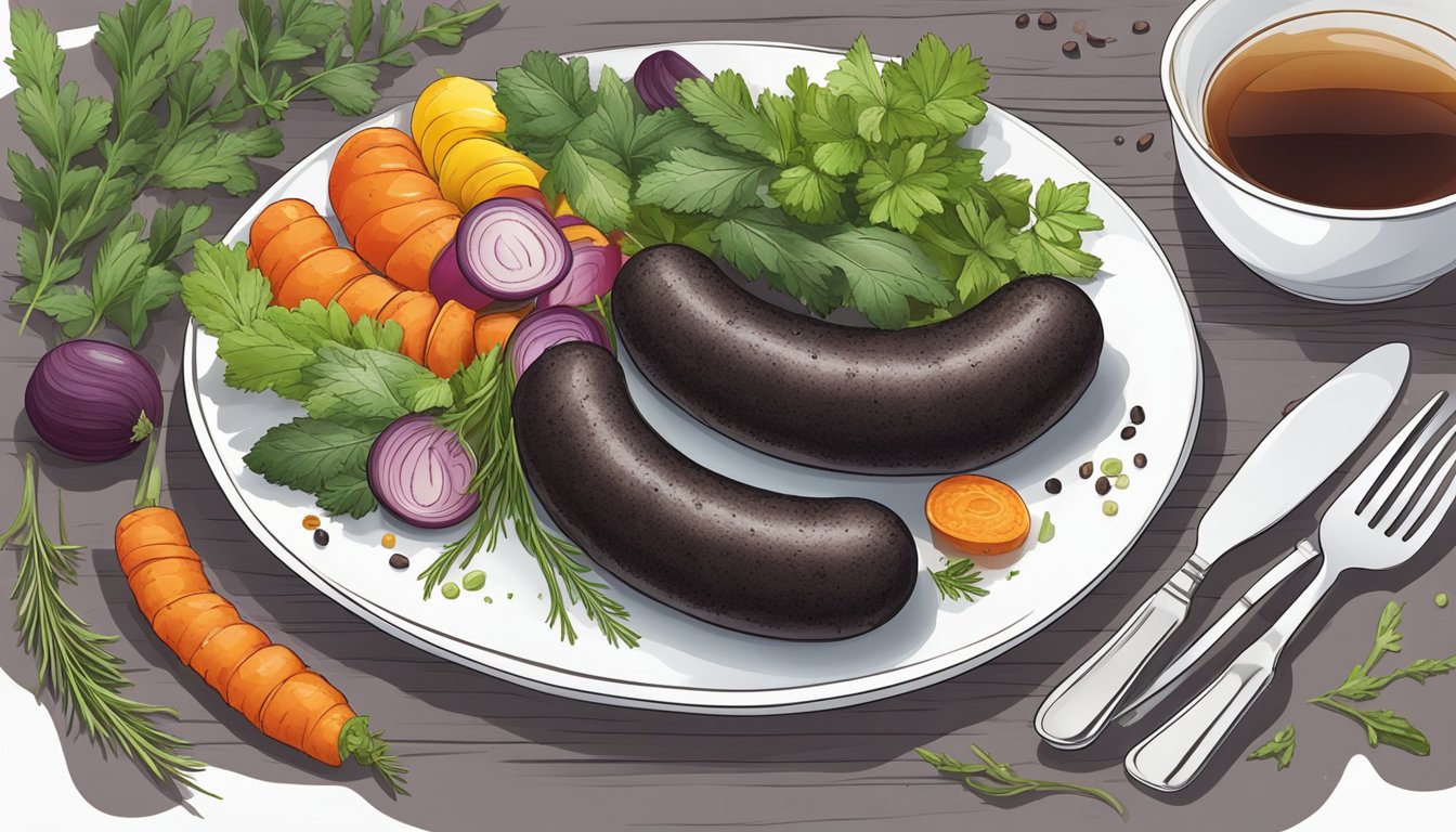 A plate of blood sausage surrounded by fresh herbs and colorful vegetables, with a steaming cup of herbal tea on the side