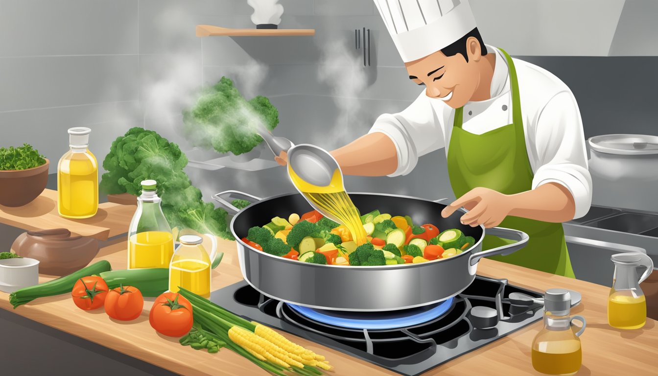 A chef pouring canola oil into a sizzling pan of vegetables, highlighting its health benefits in cooking and food preparation