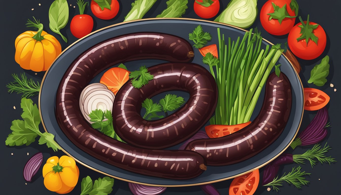 A plate of blood sausage surrounded by colorful vegetables and herbs, with a spotlight highlighting the rich, dark color of the sausage